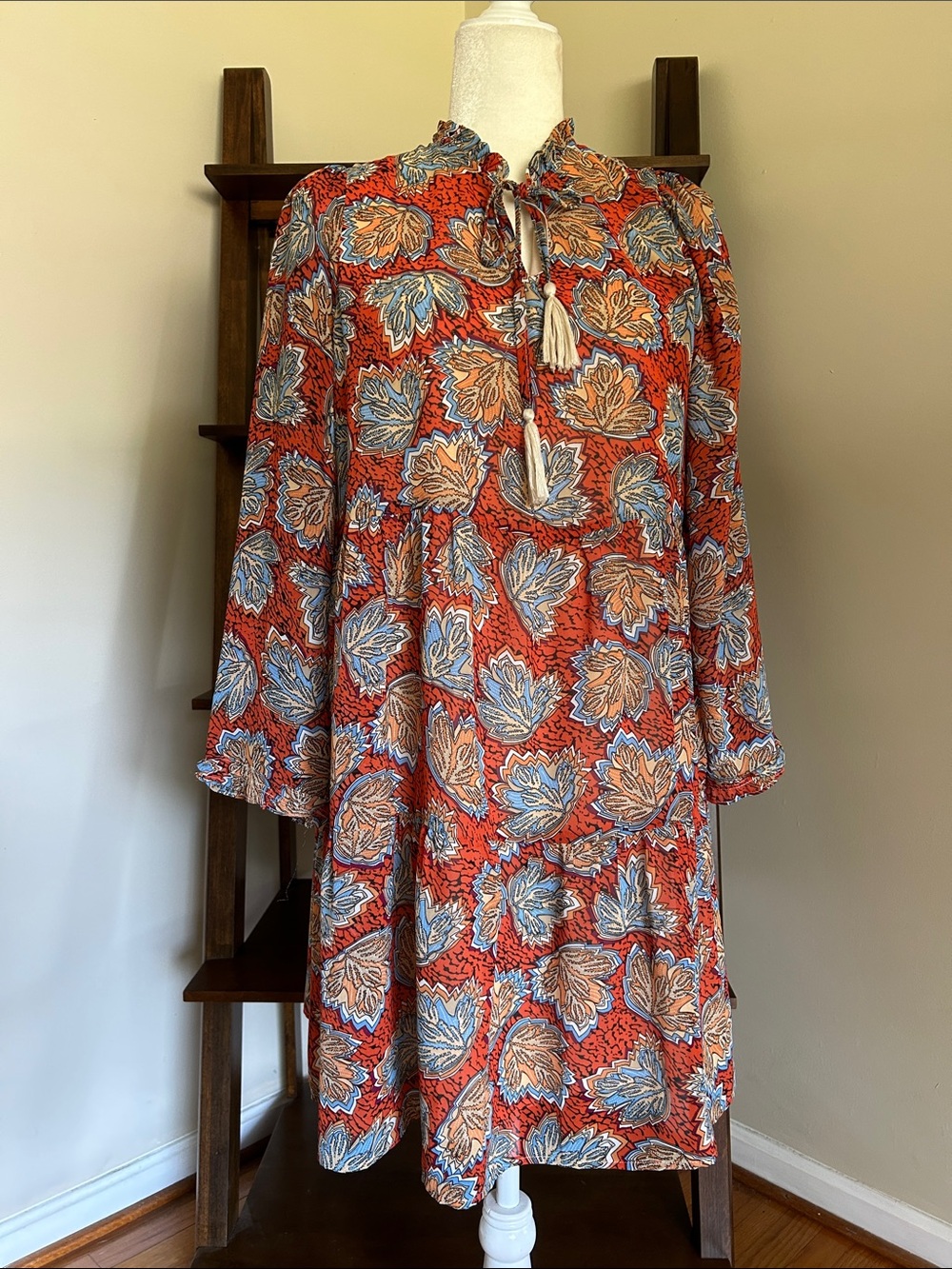 THML Rust Floral Tassel Tie Mini Dress with Blue & Cream Accents